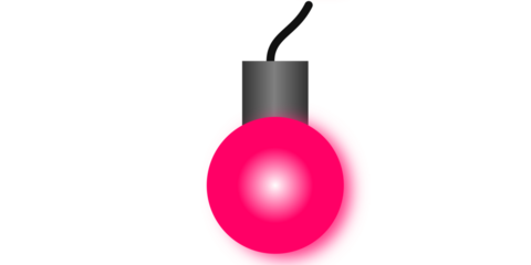 A single, glowing pink light bulb with a grey socket and black wire, isolated on a white background.