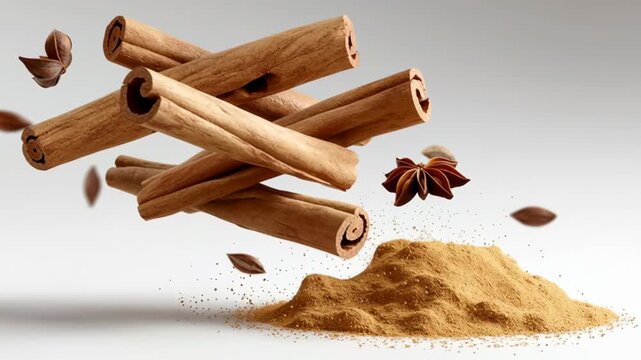 Floating cinnamon sticks and star anise above a mound of ground spice, showcasing the aromatic essence of cooking, with a smooth camera pan capturing the scene's dynamic beauty