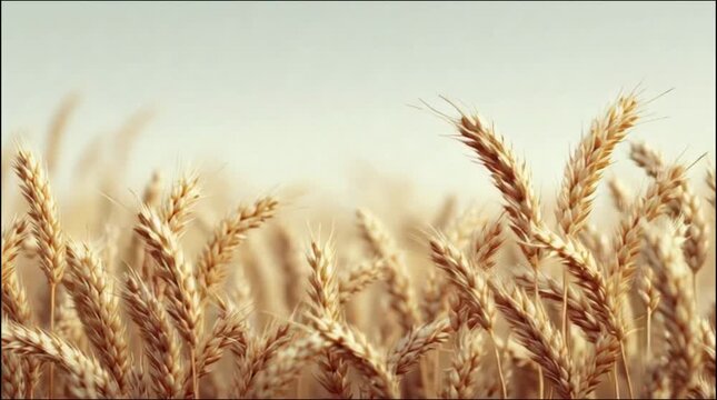 Close-up animated view of golden wheat heads moving smoothly in the wind during daylight.
