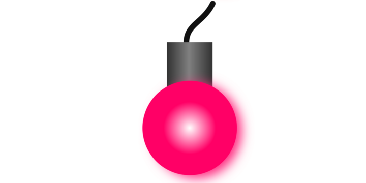 A single, glowing pink light bulb with a grey socket and black wire, isolated on a white background.