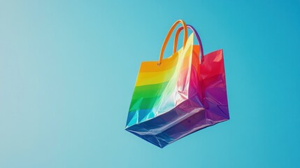 Vibrant rainbow shopping bag floats joyfully against a clear blue sky