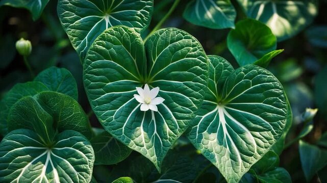 Close-up of large heart-shaped green leaves with intricate patterns and a small white water lily flower in a lush vibrant natural environment captured softly in warm natural light