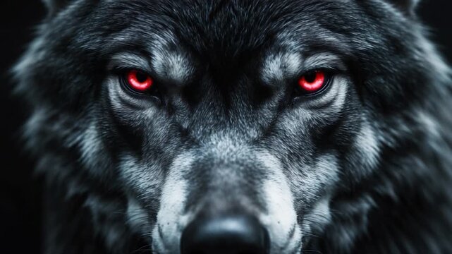 Intense close-up of a fierce black wolf with glowing red eyes displaying a powerful gaze in a dark environment transitioning from alert to calm showcasing intricate fur textures and dramatic lighting