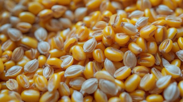 Close-up of yellow corn kernels spilling across a textured surface showcasing their smooth texture and vibrant color changes throughout the footage