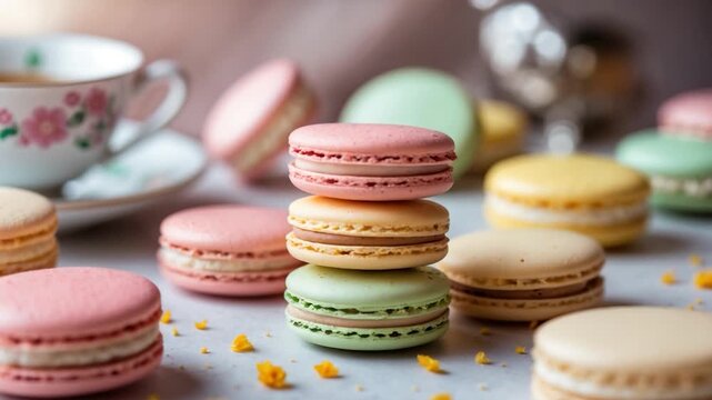 Delicately stacked colorful macarons in a cozy indoor setting with soft natural light featuring pink green yellow and cream hues scattered on a light surface alongside a floral teacup.