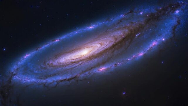 Stunning spiral galaxy with vibrant blue and purple hues swirling around a bright core featuring intricate star formations and cosmic dust in a dark starry background across three distinct phases.