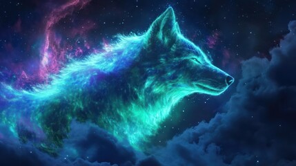 Mystical Wolf Spirit Ascending Through Celestial Clouds and Cosmic Nebula