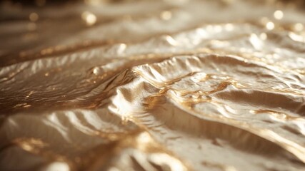 Close-up of flowing golden fabric with undulating texture illuminated by soft light showcasing intricate ridges and highlights in a smooth warm-toned setting