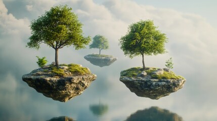 Floating islands with trees create a serene landscape. Peaceful and dreamy, they invite reflection and tranquility. Nature thrives in this imaginative scene. Generative AI