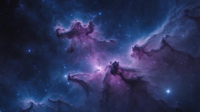 Vibrant nebula clouds swirling in deep blue and purple cosmic space with shining stars creating an awe-inspiring backdrop of stellar formations captured in three distinct phases of motion.