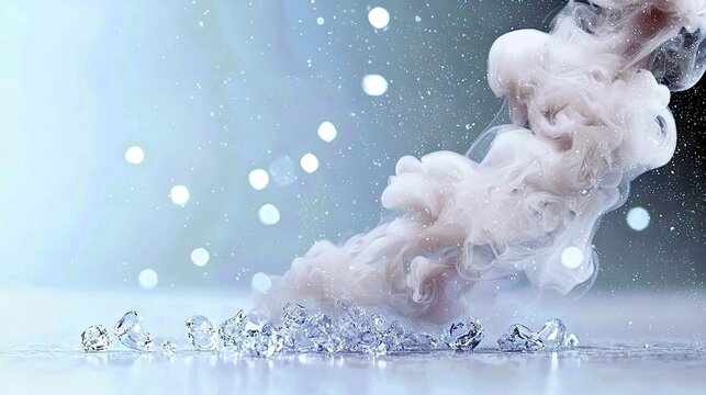 A dynamic composition of white smoke swirling over a scattering of ice crystals, set against a soft blue background with bokeh lights.