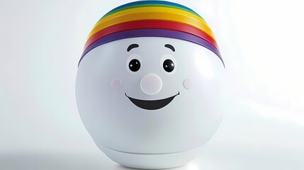 Cheerful spherical toy character wearing a multicolored headband against a bright background