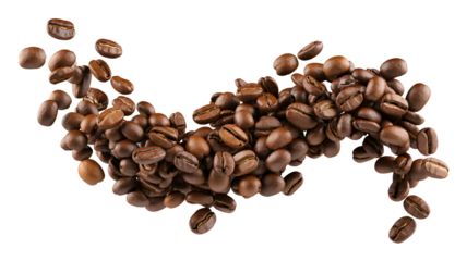 A dynamic scattering of roasted coffee beans forming a wave shape isolated on transparent background