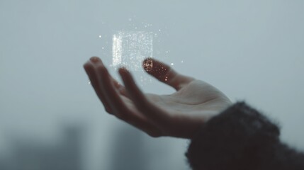 Person's hand reaching out towards a small square-shaped object that appears to be floating in the air. the object is made up of small dots and lines, creating a sparkling effect.