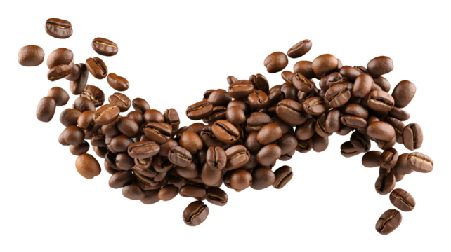 A dynamic scattering of roasted coffee beans forming a wave shape isolated on transparent background