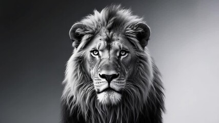 Majestic close-up of a regal lion with flowing mane gazing intensely with sharp focus against a smooth monochrome backdrop showcasing a range of gray gradients and soft lighting