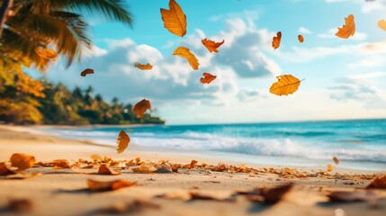 A serene beach view with vibrant autumn leaves dancing in the air. The calm ocean reflects the warm colors of nature. A perfect escape for relaxation and inspiration. Generative AI