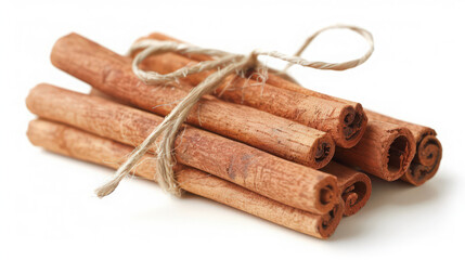 cinnamon sticks tied together on white background