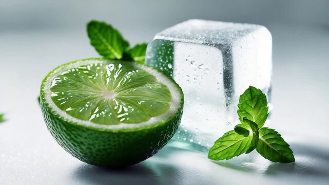 Close-up of fresh lime half and crystal ice cube with mint leaves on glossy surface showcasing vibrant green and transparent textures in soft natural light