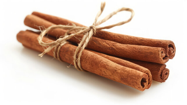 cinnamon sticks tied together on white background