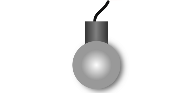 A simple grayscale graphic of a classic round bomb with a fuse, isolated on a white background.