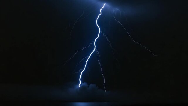 Dramatic lightning storm illuminating the dark sky showcasing bright electric bolts striking the water surface with shifting cloud patterns and varying intensity over time captured at night.
