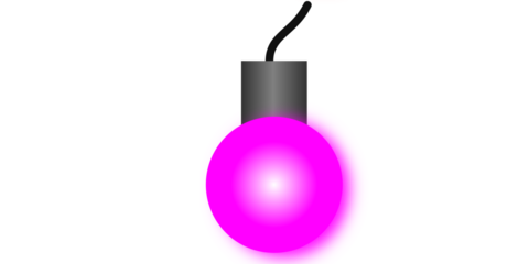 A single glowing magenta Christmas light bulb with a grey socket and black wire on a white background.