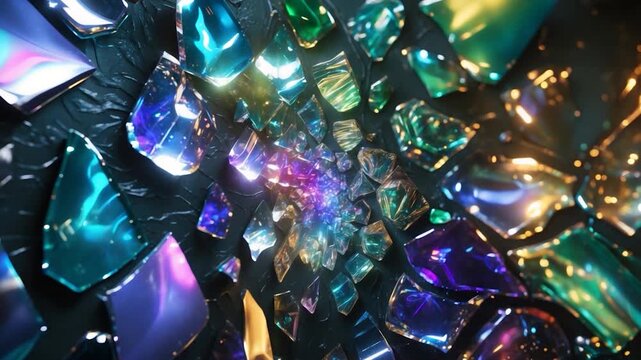 Vibrant abstract tunnel of colorful shards reflecting light with intricate patterns showcasing luminous green blue purple and yellow hues creating a mesmerizing visual journey through glossy textures