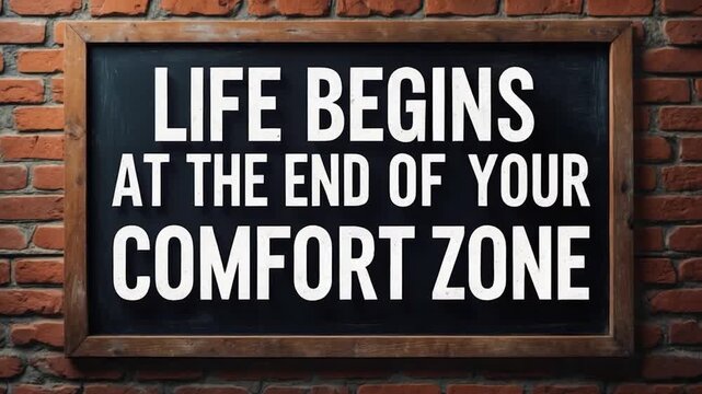 Inspiring wall art showcasing a motivational quote illuminated by soft natural light against a rustic brick background with a warm wooden frame emphasizing personal growth and change.