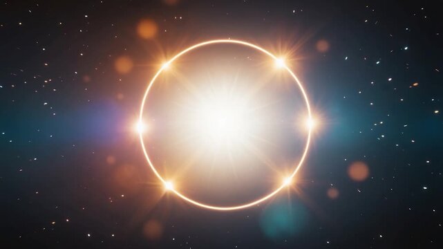 Bright cosmic sphere with glowing halo in starry space showcasing symmetrical light patterns and celestial elements in a dark cosmic environment