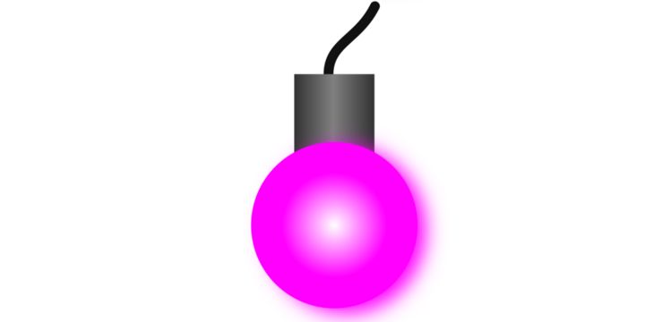 A single glowing magenta Christmas light bulb with a grey socket and black wire on a white background.