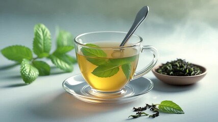 Close-up of steaming herbal tea in a clear glass cup garnished with mint leaves surrounded by loose tea leaves on a light background with soft natural light and smooth textures