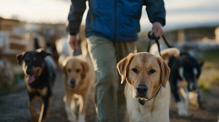 A volunteer walking rescue dogs at an animal shelter, surrounded by wagging tails and morning light — animal welfare advocacy, pet rescue support, and empathetic volunteer work. cinematic color