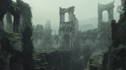 Eerie ruins of a medieval fortress shrouded in fog and overgrown by nature