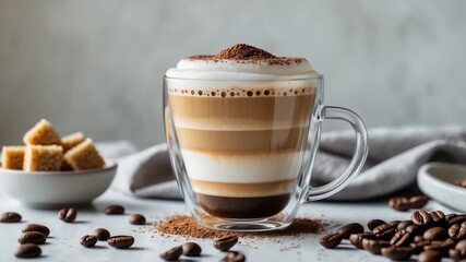 Close-up of layered coffee with distinct colors in a glass cup surrounded by coffee beans and sugar cubes on a light surface featuring soft natural light and a minimalistic background texture - Powered by Adobe