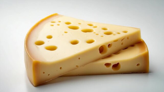 Close-up of a block of smooth pale yellow Swiss cheese with distinctive holes displayed on a minimalistic light background highlighting the texture and composition from different angles.