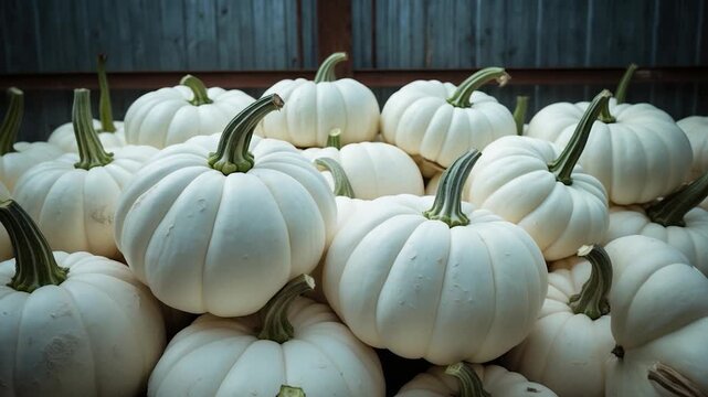 Close-up of white pumpkins piled up in a rustic setting showcasing their smooth texture and curved shapes under soft natural light with wooden background