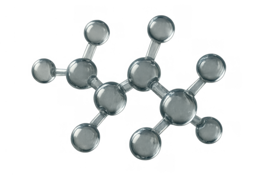 Glass molecule model representing atomic structure and chemical bonds in science and research with transparent background