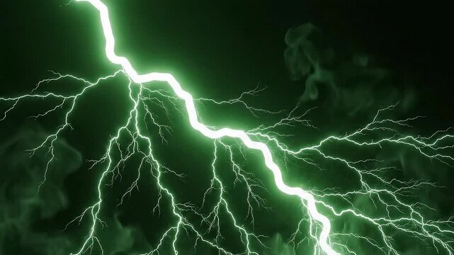 A vibrant green bolt of electricity cuts through a dark hazy atmosphere with numerous smaller forks and tendrils spreading out from the main discharge