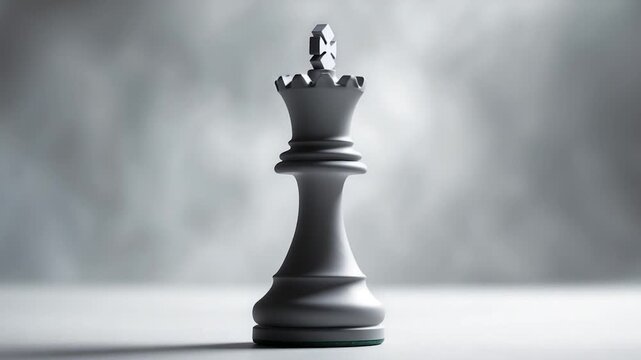Stylized white chess king piece with intricate crown design rotating slowly against a soft gray backdrop showcasing its smooth texture and subtle shadows in an artistic lighting composition