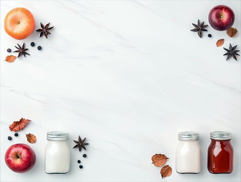 A flat lay composition of autumn harvest ingredients including apples, star anise, berries, and jars of milk and juice arranged on a white marble surface.