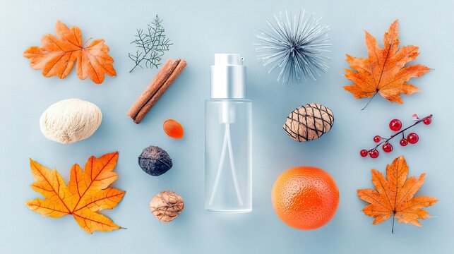 A flat lay composition featuring a clear cosmetic bottle surrounded by autumn elements such as orange leaves, cinnamon sticks, nuts, berries, and a grapefruit.