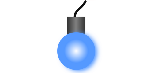A single glowing blue light bulb with a black wire and metal socket, isolated on a plain white background.