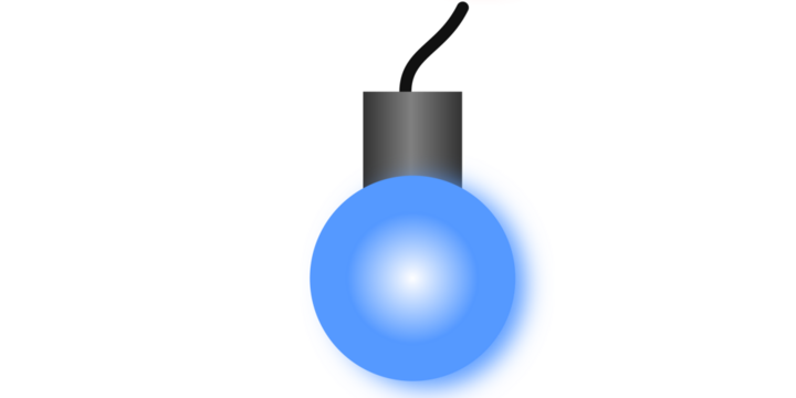 A single glowing blue light bulb with a black wire and metal socket, isolated on a plain white background.