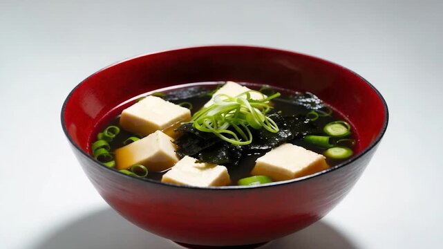 Close-up of steaming bowl of miso soup with soft tofu cubes seaweed and green onions presented in a glossy red ceramic bowl against a minimalistic white background