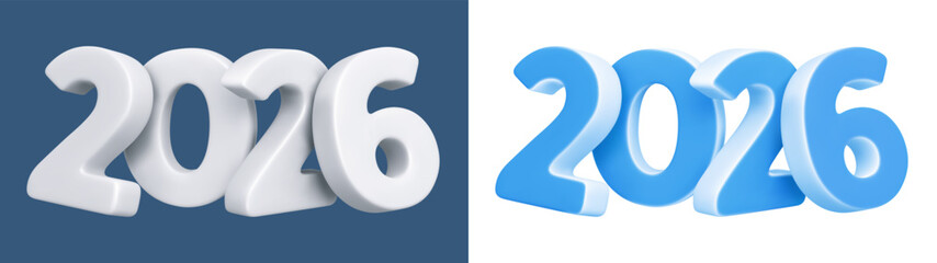 2026 New Year numbers for Christmas and New Year greetings. 3d realistic white and light blue plastic numbers 2026. For web design, print, calendar, advertise, e.t.c. Isolated vector illustration
