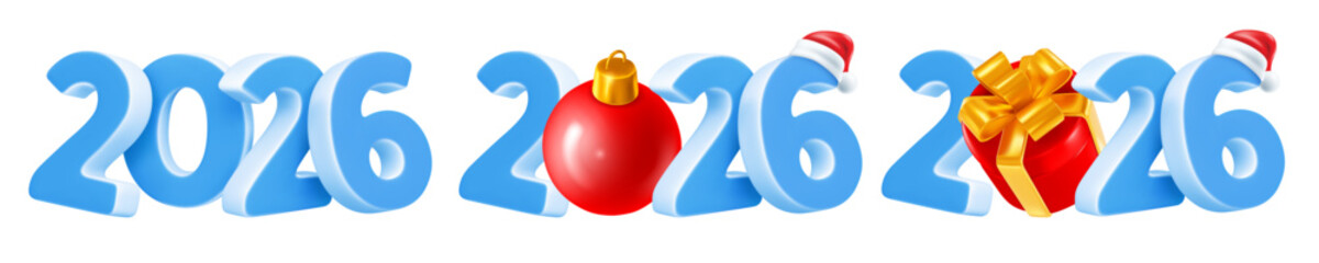 Set of New year creative logo with 3d realistic numbers 2026 in light blue colors, with red gift box, fir tree ball. Santa hat on the number 6. Isolated vector illustration