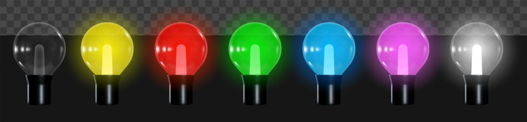 3d colorful glowing light bulbs for Christmas garland lights. Bright multicolored glowing light bulbs with transparent effect, realistic reflections and vibrant illumination. Vector illustration