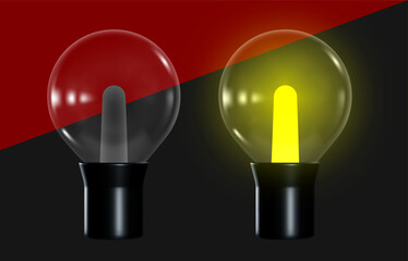 3d colorful glowing light bulb for Christmas garland lights. Bright glass light bulb with transparent effect, realistic reflections and vibrant illumination. Vector illustration