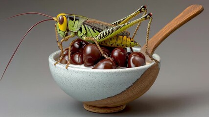 Colorful grasshopper perched on a bowl filled with glossy chocolate balls, showcasing intricate details and textures, as the camera smoothly zooms in for a closer view of the unique scene